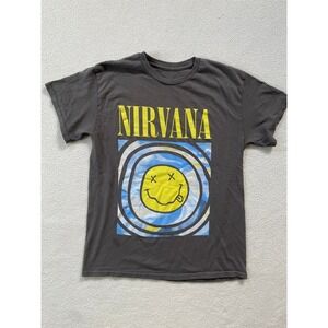 Nirvana Mens Small T-Shirt Gray Smiley Face Graphic Swirl Logo Short Sleeve Tee